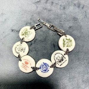 Cottagecore Victorian bracelet Broken china backstamp round links/silver-tone